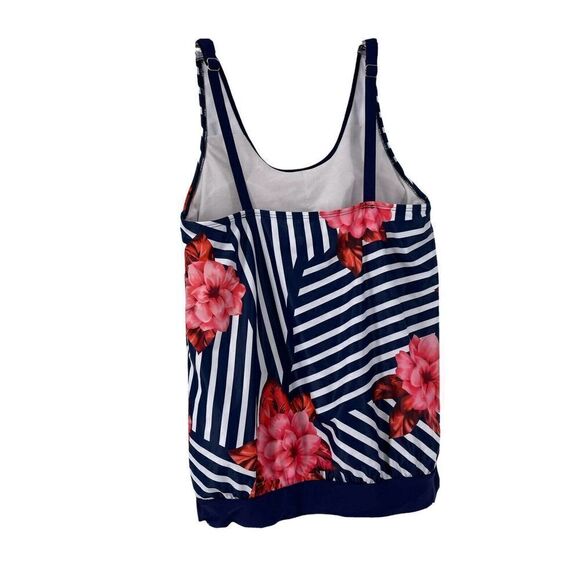 Tankini Swim Top Navy Blue Striped Floral Scoop Neck Womens Size L Classic Boho - Picture 2 of 6